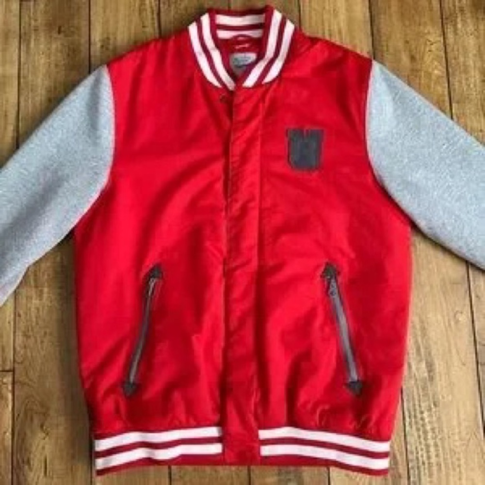 Reebok Red Varsity Bomber Jacket with Gray Sleeves